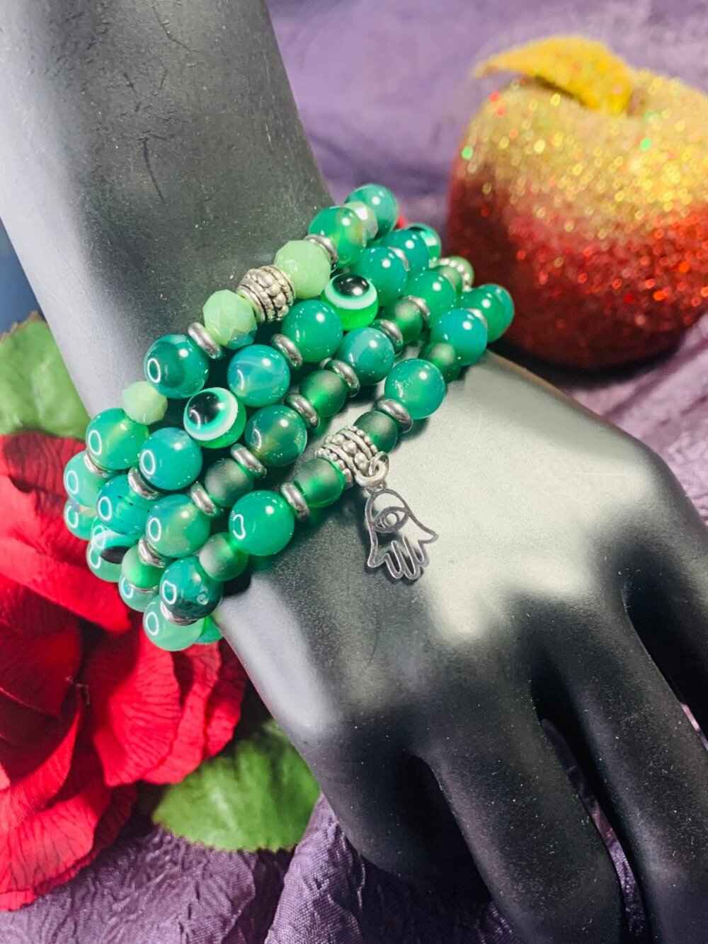 One-Of-A-Kind Evil Eye Hamsa Hand, Striped Agate, Glass & Pewter Bracelet Set